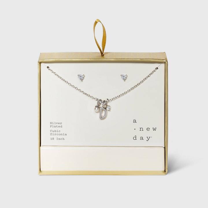 Silver Plated With Cubic Zirconia And Pearl Initial 'd' Charm Cluster Necklace And Earring Set - A New Day