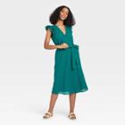 Women's Ruffle Short Sleeve Wrap Dress - A New Day Green