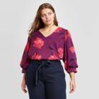 Women's Plus Size Floral Print Bishop Long Sleeve Top - A New Day Red