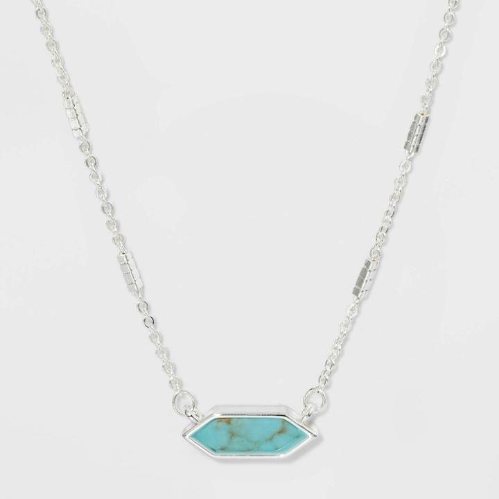 Boxed Hexagon With Turquoise Semi-precious Stone Bar Necklace - A New Day Blue, Women's