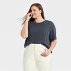 Women's Plus Size Short Sleeve Linen T-shirt - A New Day Navy Blue