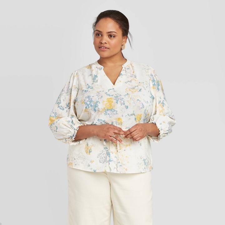 Women's Plus Size Floral Print 3/4 Sleeve Tie Waist Blouse - A New Day Cream 1x, Women's, Size: