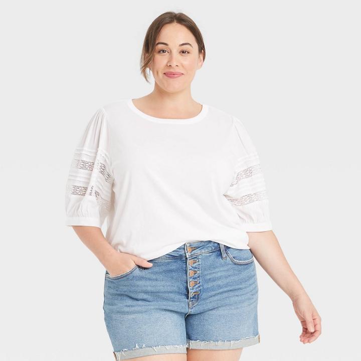 Women's Plus Size Elbow Sleeve Lace Puff Sleeve Knit Blouse - Ava & Viv White X