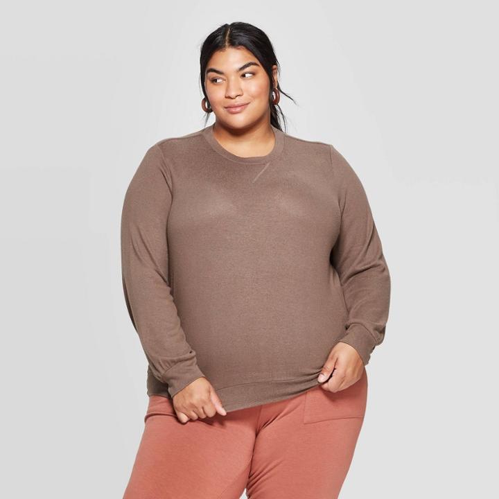 Women's Plus Size Long Sleeve Cozy Crewneck Pullover Sweatshirt - Ava & Viv Brown X, Women's