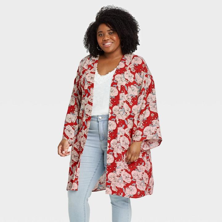 Women's Floral Print 3/4 Sleeve Wrap Jacket - Knox Rose Red X/1x