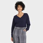 Women's Fine Gauge V-neck Sweater - A New Day Navy Blue