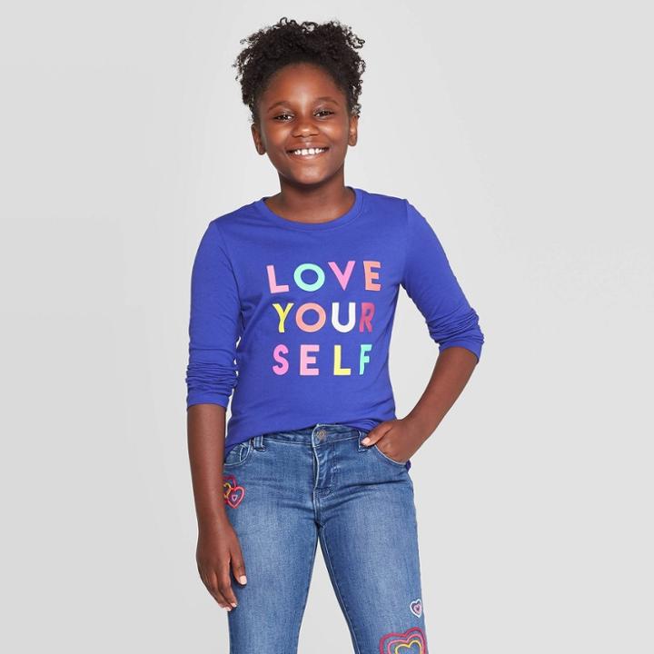 Girls' Long Sleeve Love Yourself Graphic T-shirt - Cat & Jack Blue L, Girl's, Size: