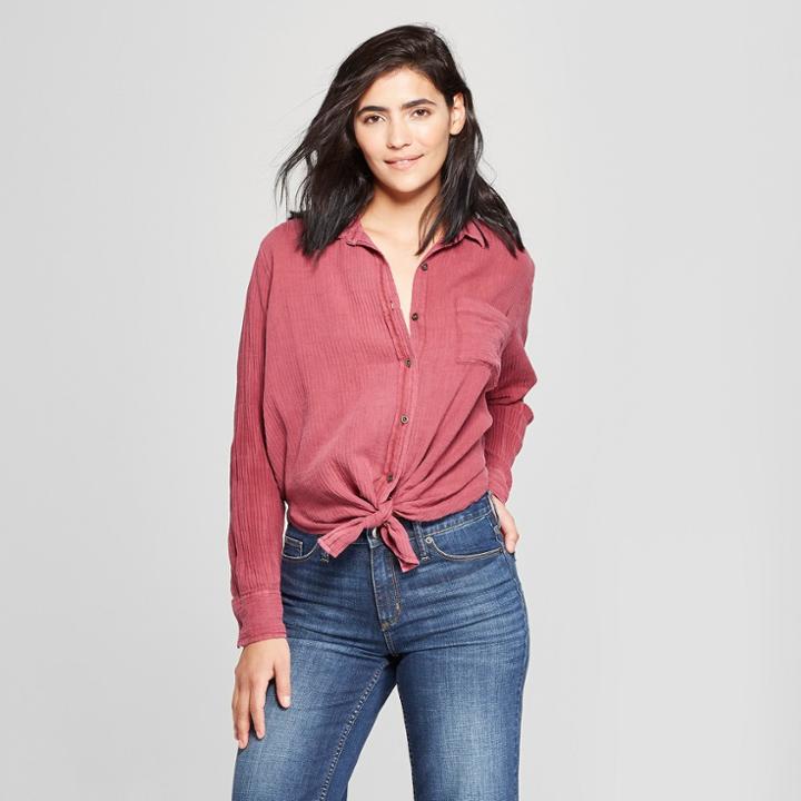 Women's Long Sleeve Tie Front Shirt - Universal Thread Burgundy