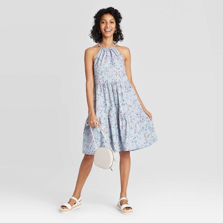 Women's Floral Print Sleeveless Tiered Dress - A New Day Blue
