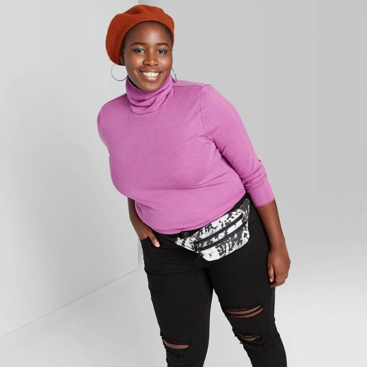 Women's Plus Size Long Sleeve Mock Turtleneck Ribbed Pigment Dyed T-shirt - Wild Fable Magenta 1x, Women's, Size: