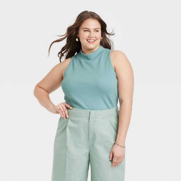 Women's Plus Size Slim Fit Mock Neck Tank Top - A New Day Blue