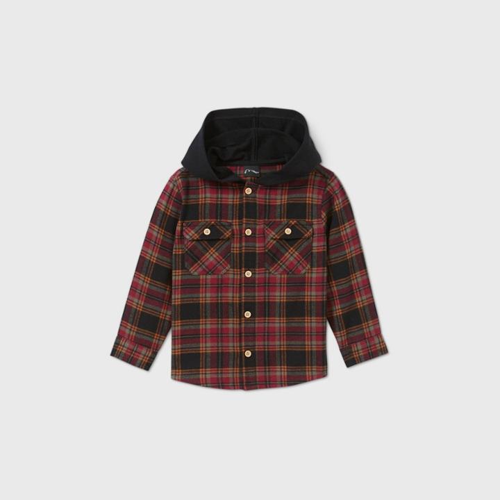 Toddler Boys' Hooded Plaid Long Sleeve Button-down Shirt - Art Class Red