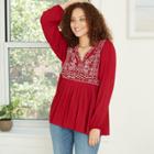 Women's Knit Back Long Sleeve Embroidered Blouse - Knox Rose Red