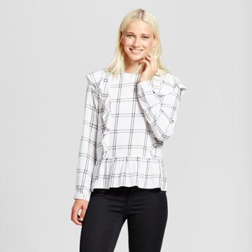 Women's Plaid Ruffle Peplum Top - Alison Andrews White/black Xl,