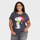 Peanuts Women's Plus Size Santa Snoopy Short Sleeve Graphic T-shirt - Charcoal Gray