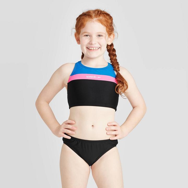 Speedo Girls' 2pc Linear Logo Bikini Sets - Black