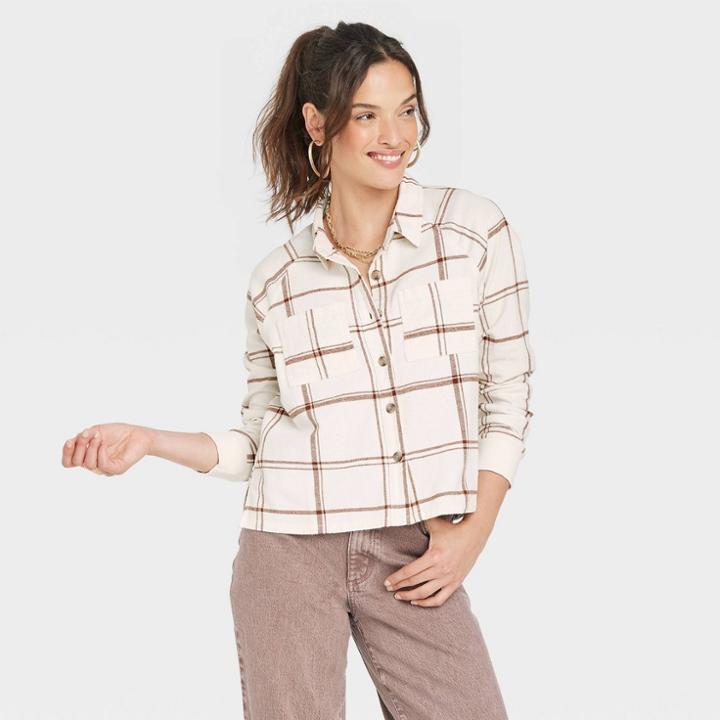 Women's Long Sleeve Flannel Button-down Shirt - Universal Thread Cream Plaid Xs, Ivory Plaid