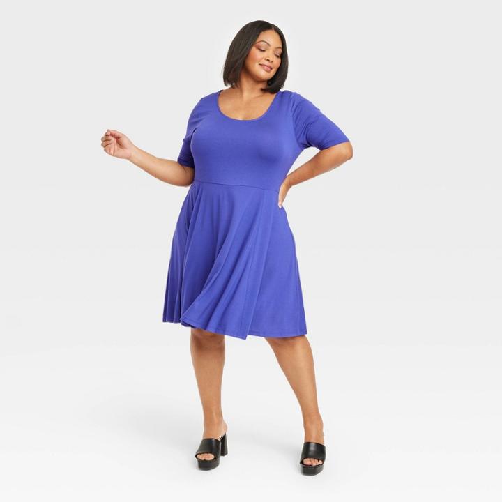 Women's Elbow Sleeve Flared Dress - Ava & Viv Blue