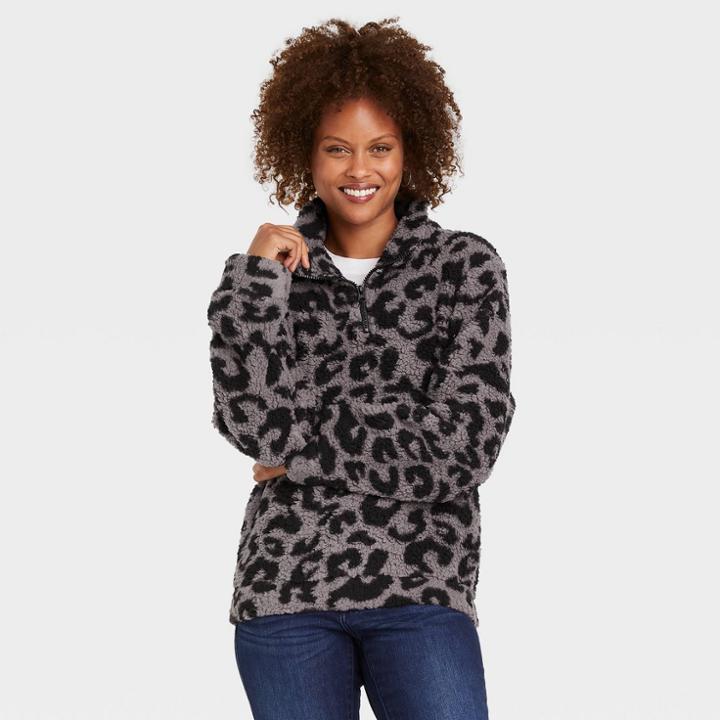 Women's Sherpa Quarter Zip Jacket - Knox Rose Gray Leopard Print