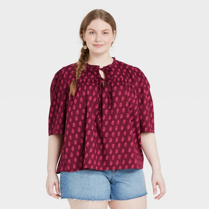 Women's Plus Size Puff Short Sleeve Tie Neck Blouse - Universal Thread Burgundy Floral