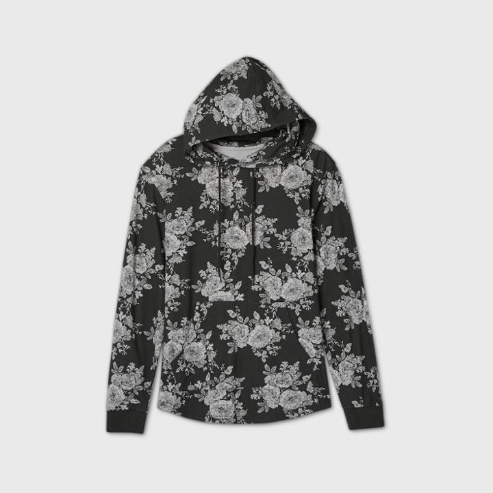 Men's Long Sleeve Floral Print Hooded T-shirt - Original Use Black
