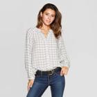 Women's Plaid 3/4 Sleeve Crewneck Button Front Peasant Top - Universal Thread White