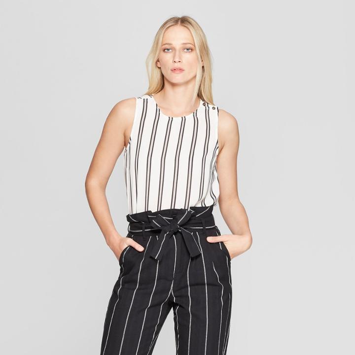 Women's Striped Button Detail Sleeveless Tank Top - Who What Wear White