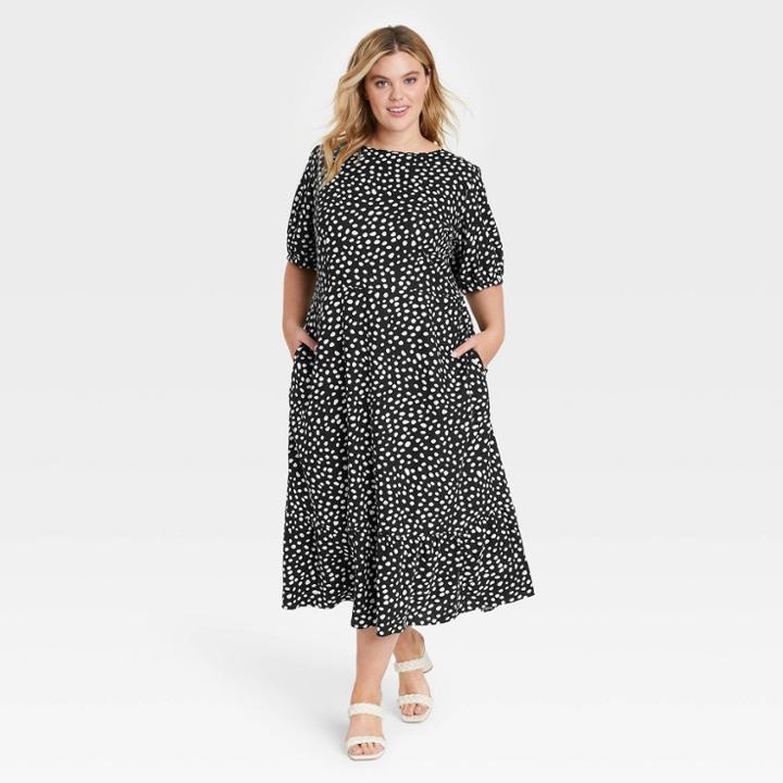 Women's Plus Size Bishop Elbow Sleeve Tie-back Dress - Who What Wear Black Polka Dots