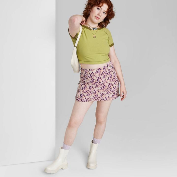 Women's Chiffon Slip Mini Skirt - Wild Fable Pink Warped Print Xxs