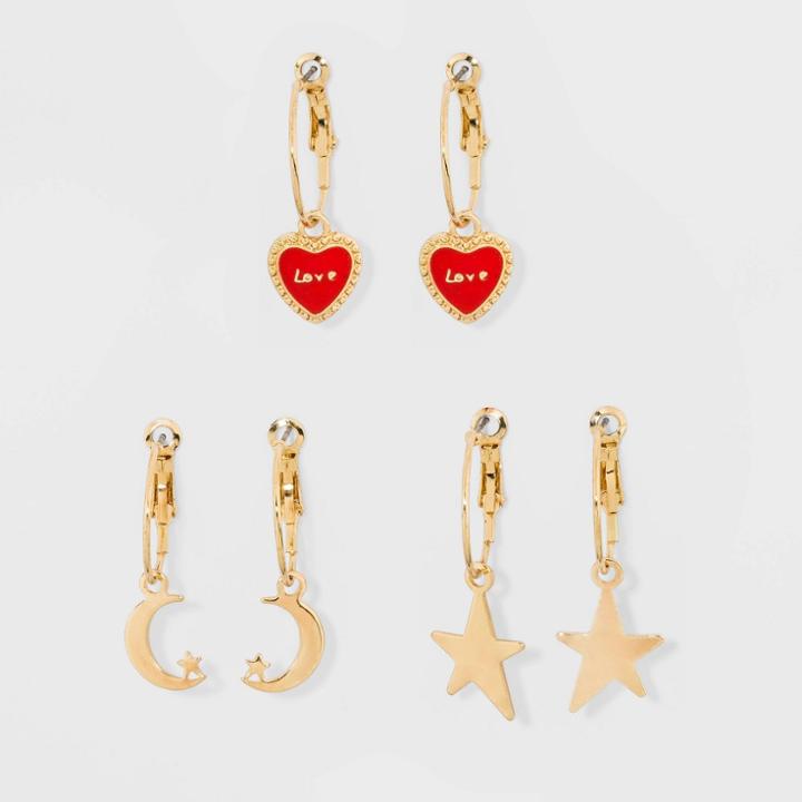 Target Hoop With Heart And Moon Charm Earring Set 3ct - Wild Fable, Women's,