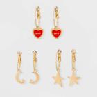 Target Hoop With Heart And Moon Charm Earring Set 3ct - Wild Fable, Women's,