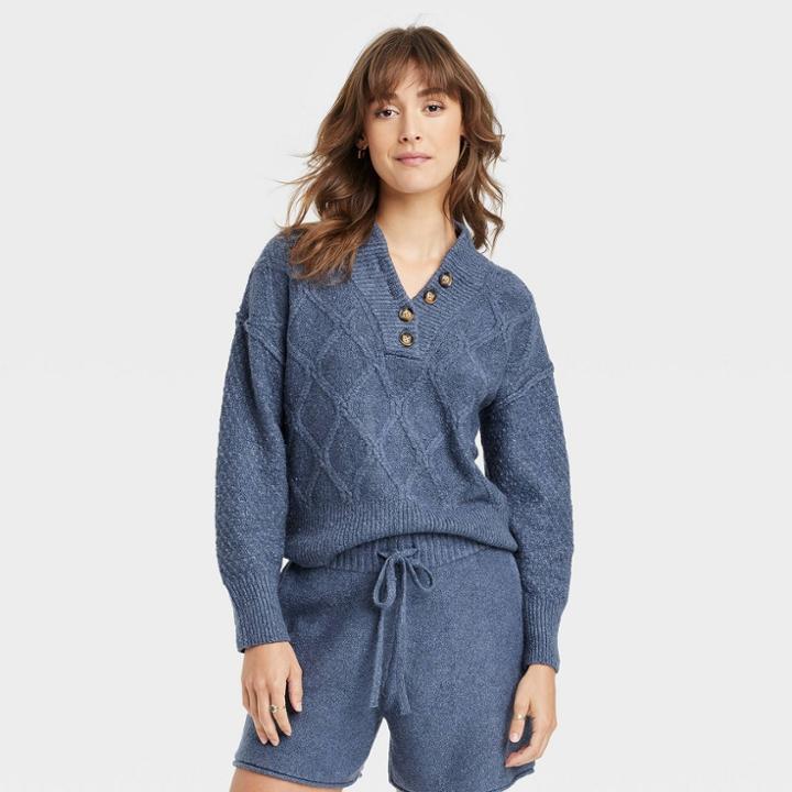Women's Henley Neck Button-front Pullover Sweater - Universal Thread Blue