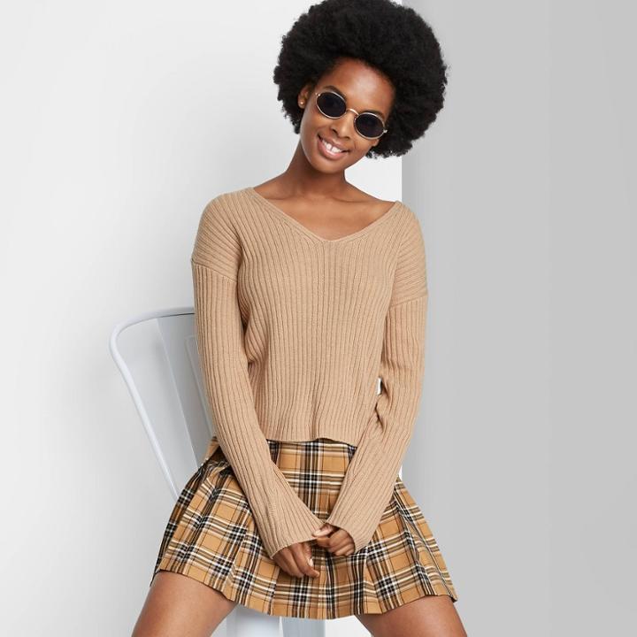 Women's V-neck Rib Knit Pullover Sweater - Wild Fable Taupe Brown