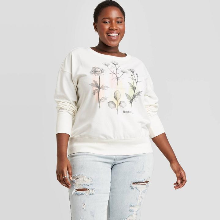 Fifth Sun Women's Floral Print Plus Size Sweatshirt - Cream