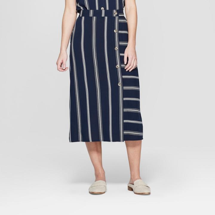 Women's Striped Side Button Midi Skirt - Xhilaration Navy