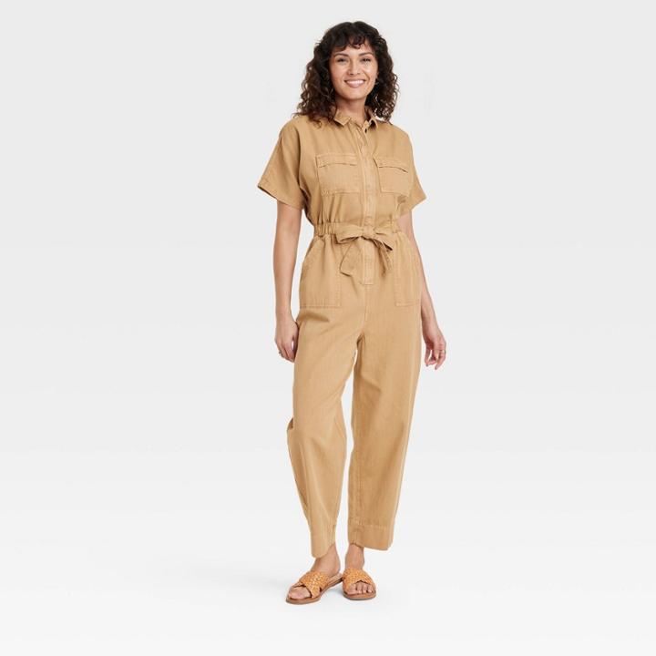 Women's Short Sleeve Button-front Boilersuit - Universal Thread Brown