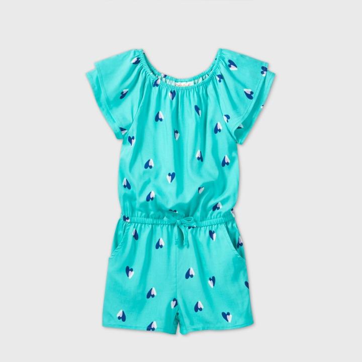 Toddler Girls' Short Sleeve Heart Romper - Cat & Jack Teal