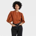 Women's Puff Short Sleeve Button-up Blouse - A New Day Rust