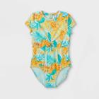 Girls' Day In The Shade Short Sleeve Back-zip One Piece Rash Guard - Art Class Aqua