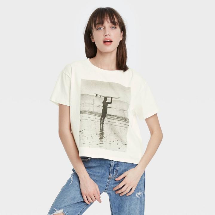 Grayson Threads Women's Surfer Reel Photo Short Sleeve Graphic T-shirt - Off-white