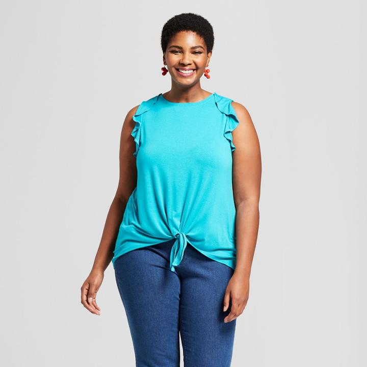 Women's Plus Size Tie Front Ruffle Sleeveless Tank - Ava & Viv Teal (blue)