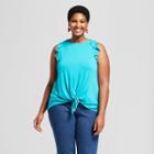 Women's Plus Size Tie Front Ruffle Sleeveless Tank - Ava & Viv Teal (blue)