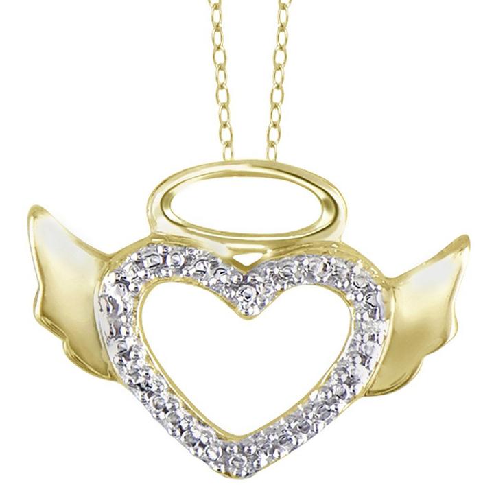 Women's Sterling Silver Round-cut White Diamond Pave Set Angel Halo Wing Heart Pendant - Yellow