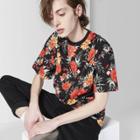 Men's Floral Print Regular Fit Short Sleeve Boxy T-shirt - Original Use Black