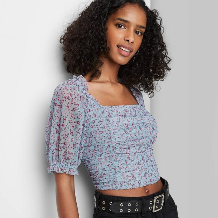 Women's Short Sleeve Ruched Mesh Top - Wild Fable Blue Floral