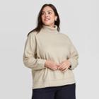 Women's Plus Size Long Sleeve Turtleneck Sweater Trim T-shirt - A New Day Tan