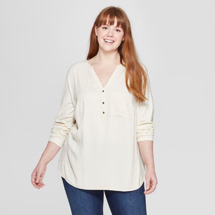 Women's Plus Size Long Sleeve V-neck Camp Shirt - Universal Thread White