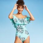 Women's Cold Shoulder Ruffle One Piece Swimsuit - Sea Angel Sky Blue Floral