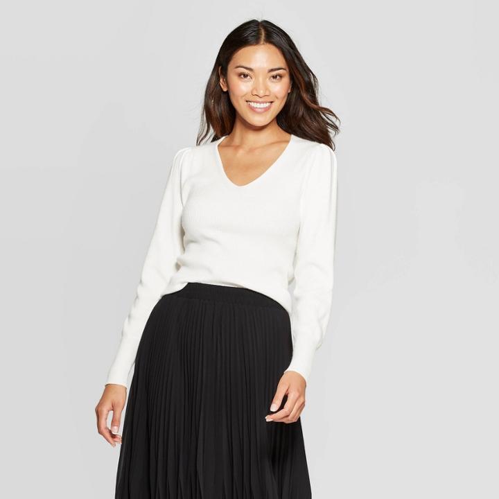 Women's Long Sleeve V-neck Pullover Sweater - A New Day Cream (ivory)