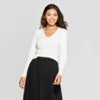 Women's Long Sleeve V-neck Pullover Sweater - A New Day Cream (ivory)